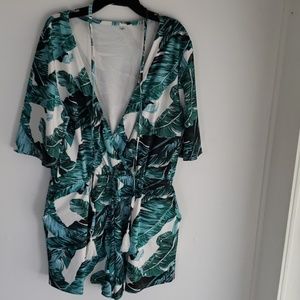 Tropical Romper With Pockets Palm Leaves Stretchy